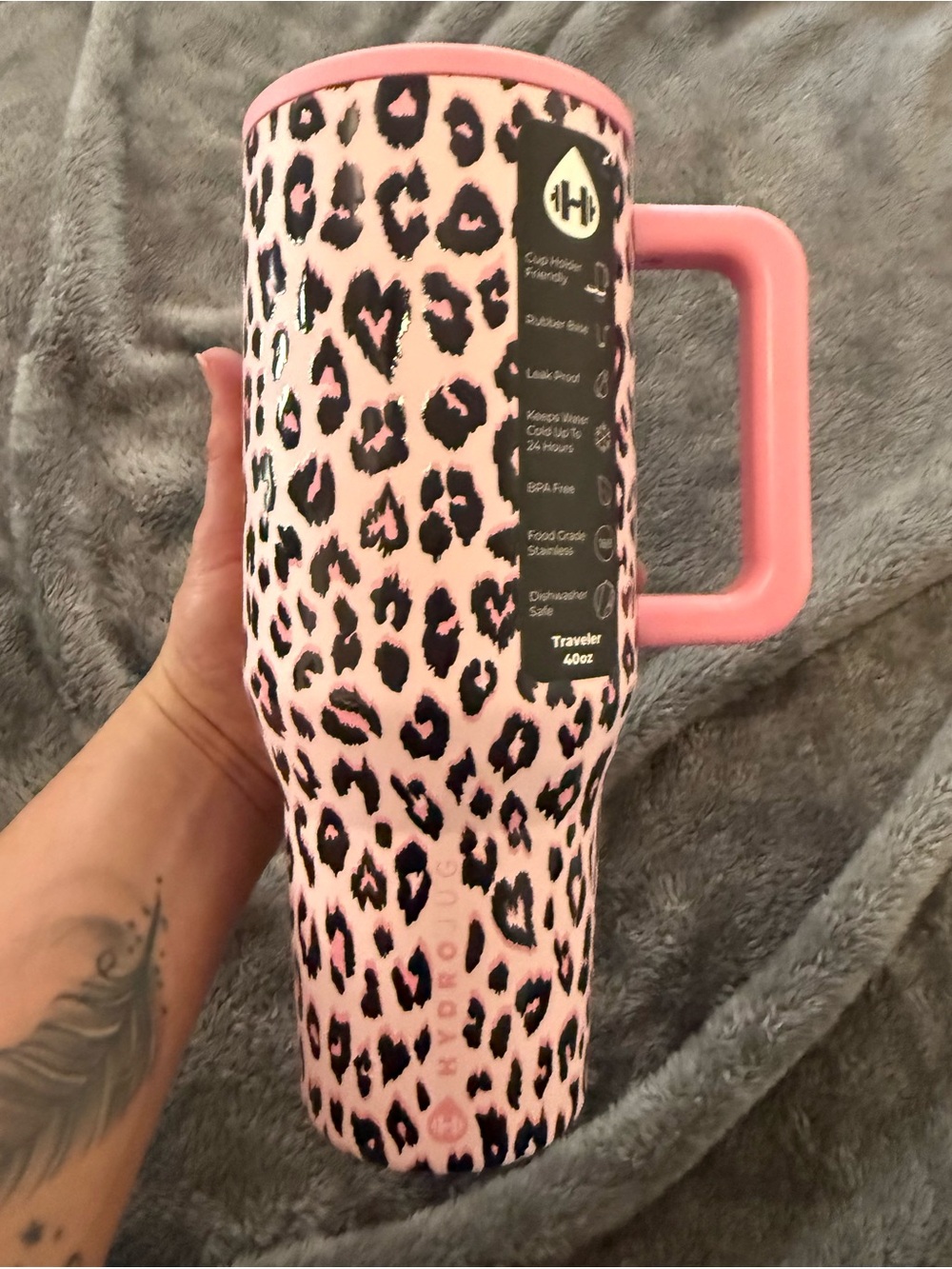 HydroJug Pink Leopard Insulated Travel Mug with Handle